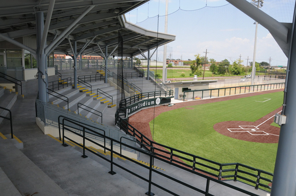 A view over the bleachers and field of Barrow Stadium. FEMA provided over $2 million toward the replacement facility, covering damage to the original ballpark caused by Hurricane Katrina.