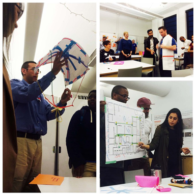 Three images from a resiliency workshop: demonstration of parachute messaging concept; demonstration of wearable survivor gear that doubles as a hammock; presentation of new ideas for improving building evacuation.