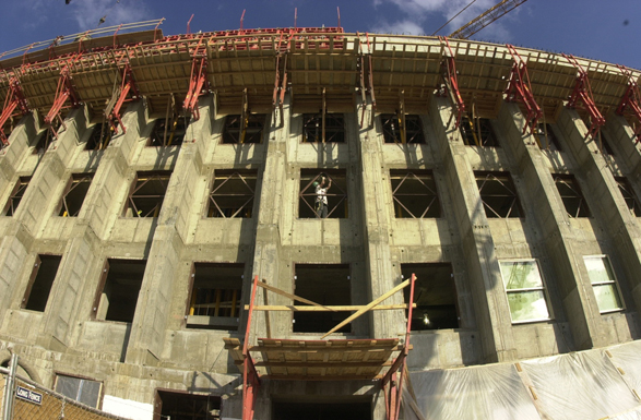 A view of the Pentagon building shows scaffolding being used to repair the facade.