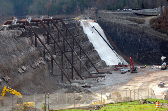 Repair crews work on the Gilboa Dam in New York state, after flooding during Hurricane Irene.