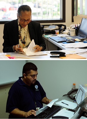 Two images of people working at computer desks. One is wearing a FEMA polo shirt.