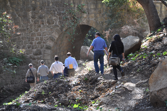 A potential mitigation site on campus of Westmont College is inspected by FEMA and CalEMA public assistance staff led by Westmont staff in aftermath of the Tea Fire.