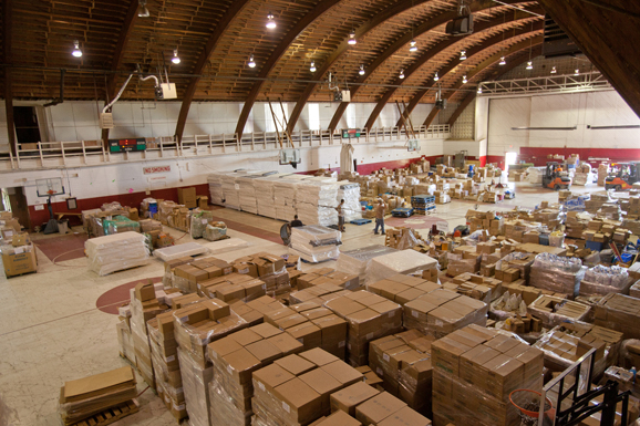 Disaster supplies are piled high at the Journey Disaster Relief Center in Norman.