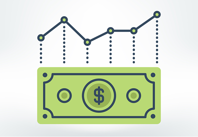 Rising and falling points on a graph above a dollar bill.