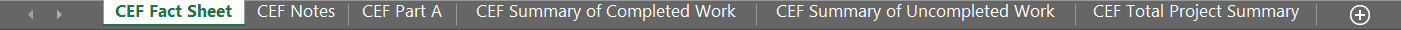 CEF spreadsheet tabs: CEF Fact Sheet, CEF Notes, CEF Summary of Completed Work, CEF Summary of Uncompleted Work, and CEF Total Project summary.