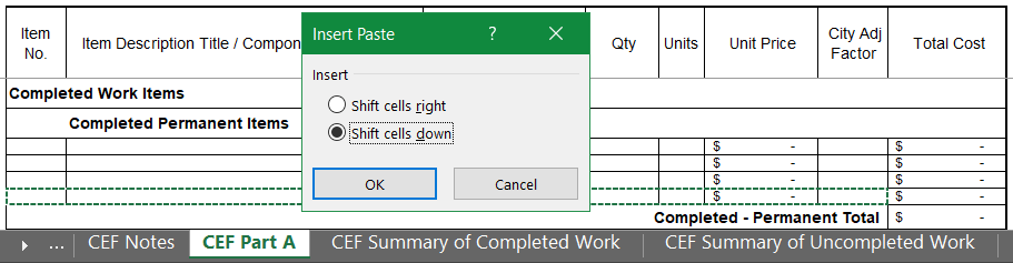 Adding a row to the CEF Part A sheet. Please refer to Appendix 3-10 for full description.