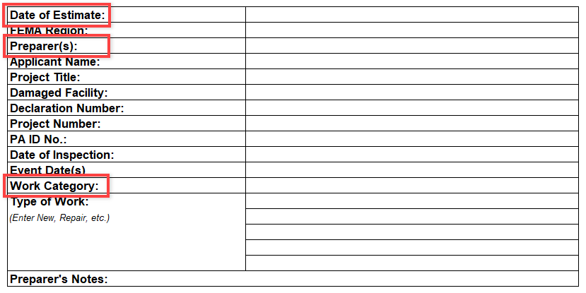 CEF Fact Sheet; highlighted fields: Date of Estimate, Preparer(s), and Work Category. Please refer to Appendix 3-2 for full description.