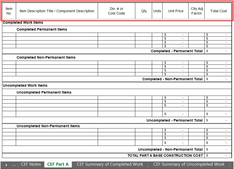 CEF Part A; the item fields are highlighted. Item fields: Item No., Item/Component Description, Div. #/Course Code, Qty, Units, Unit Price, City Adj Factor, Total Cost.