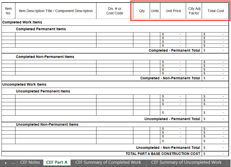 CEF Part A. The item fields for Quantity, Unit Price, City Adj Factor, and Total Cost are highlighted. Please refer to Appendix 3-8 for a full description of CEF Part A.