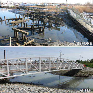 Before and after photo showing devastation to Liberty Bridge following Hurricane Sandy compared to the rebuilt structure.