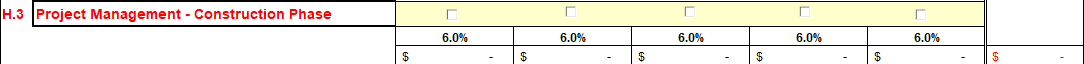 CEF Part H. H.3 Project Management – Construction Phase: 6%, can be applied using the checkbox in each column.