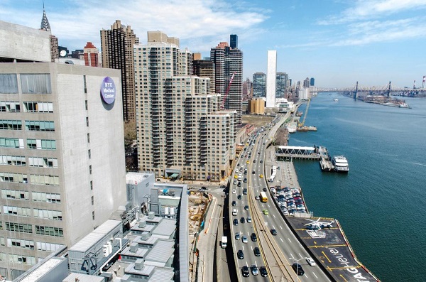 A view of the NYU Medical Center and Hospital Row down FDR Drive, along the East River.