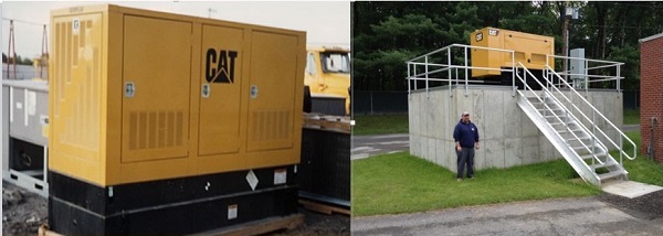 Left: A CAT generator at ground-level. Right: A generator elevated on a concrete platform.