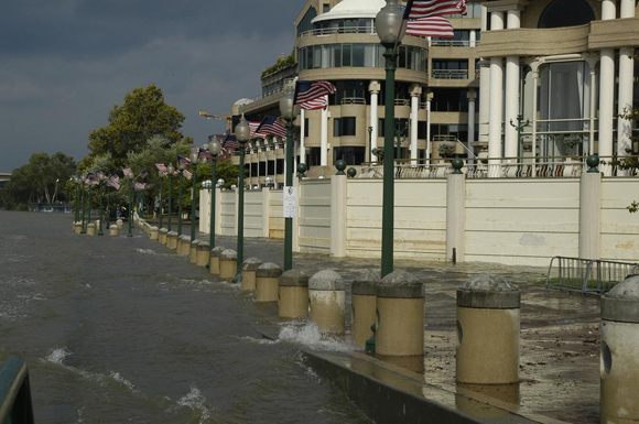 Washington Harbor's built-in flood wall is raised in the face of high water.