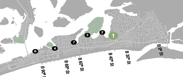 A map of hazard mitigation project sites in NYC after Hurricane Sandy. Labels: B 9th St, 1: B 30th St, 2: B 40th St, 3, 7: B 60th St, 4: B 69th St, 6: B 90th St