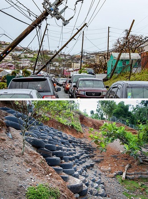 Cars driving under damaged utility poles on Smith Bay Road in the Virgin Islands. Retaining wall made of tires in Puerto Rico.