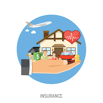 Insurance graphic with a hand holding money, a family, a house, a car, a heart, and a plane flying above