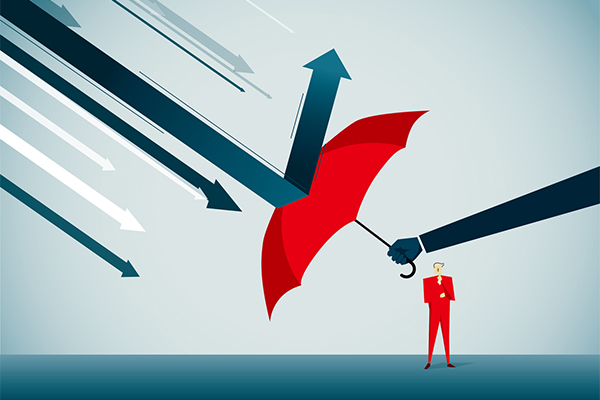 An abstract graphic with an arm holding a red umbrella protecting a cartoon person by deflecting incoming arrows