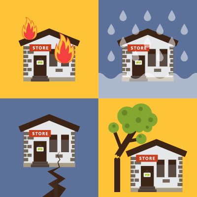 A graphic depicting a store in each of the four quadrants being destroyed by different disasters: 1. Fire 2. Flood 3. Earthquake 4. Tree