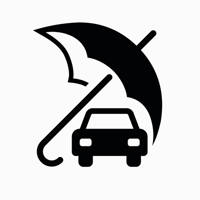 An auto insurance graphic icon with a car being protected by an umbrella