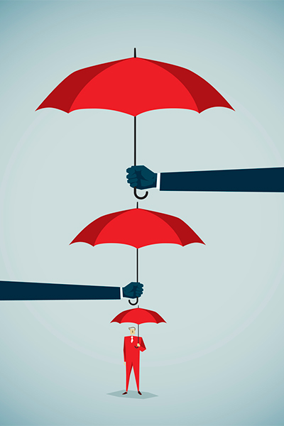 An abstract graphic for a deductible buy down policy where a character with an umbrella is being protected by an arm with a large umbrella and a larger arm is above that with a larger umbrella