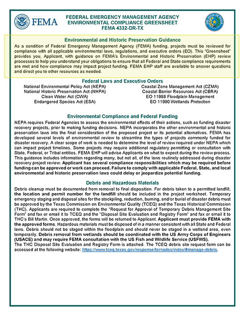 The first page of a FEMA Greensheet, with highlighting around the Environmental and Historic Preservation Guidance section. The highlighted section is written out within the screen text.