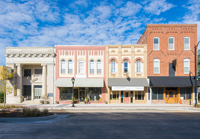 A strip of historic buildings downtown.