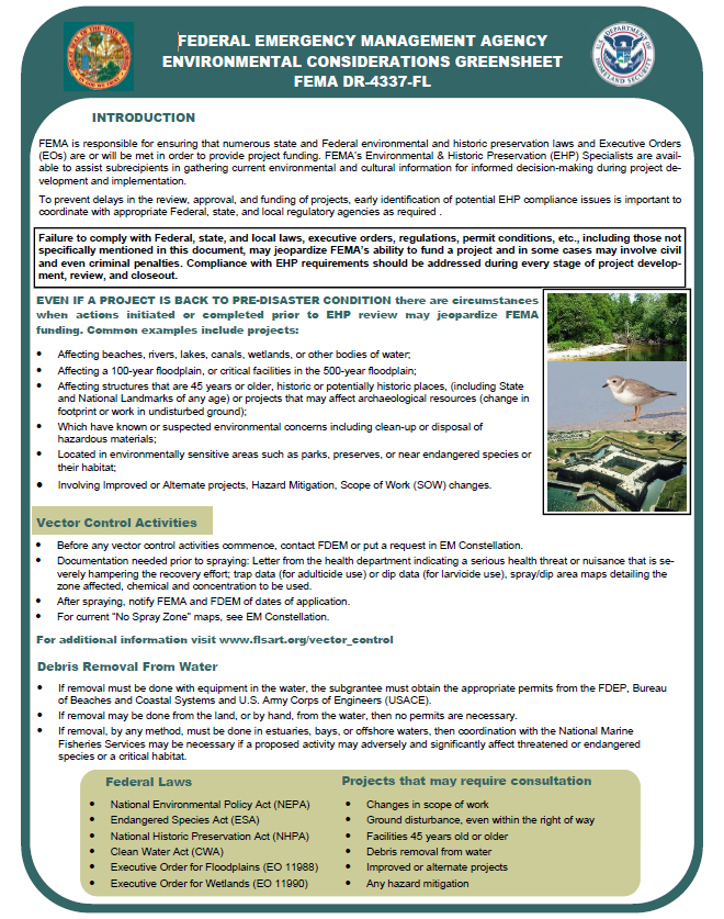 FEMA Environmental Considerations greensheet FEMA DR-4337-FL. For a full image description, select the link provided on the slide.