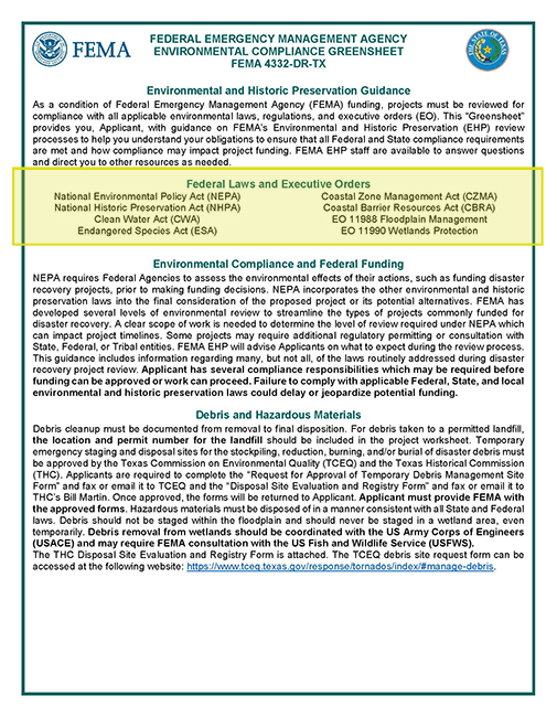 The first page of a FEMA Greensheet, with highlighting around the Federal Laws and Executive Orders section. The highlighted section is written out within the screen text.