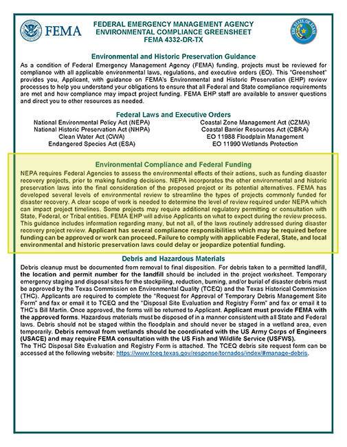 The first page of a FEMA Greensheet, with highlighting around the Environmental Compliance and Federal Funding section. The highlighted section is written out within the screen text.