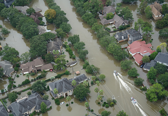 Aerial view of a flooded town.