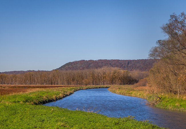 A creek with grass on both sides.