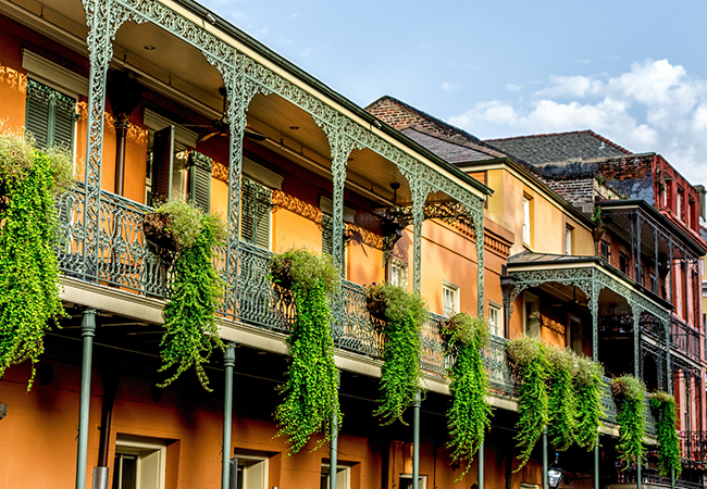 A balcony with plants in the French Quarter of New Orleans.