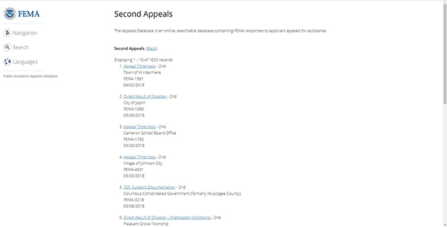 Screenshot of the FEMA Second Appeals online database. Select link on screen for full description.