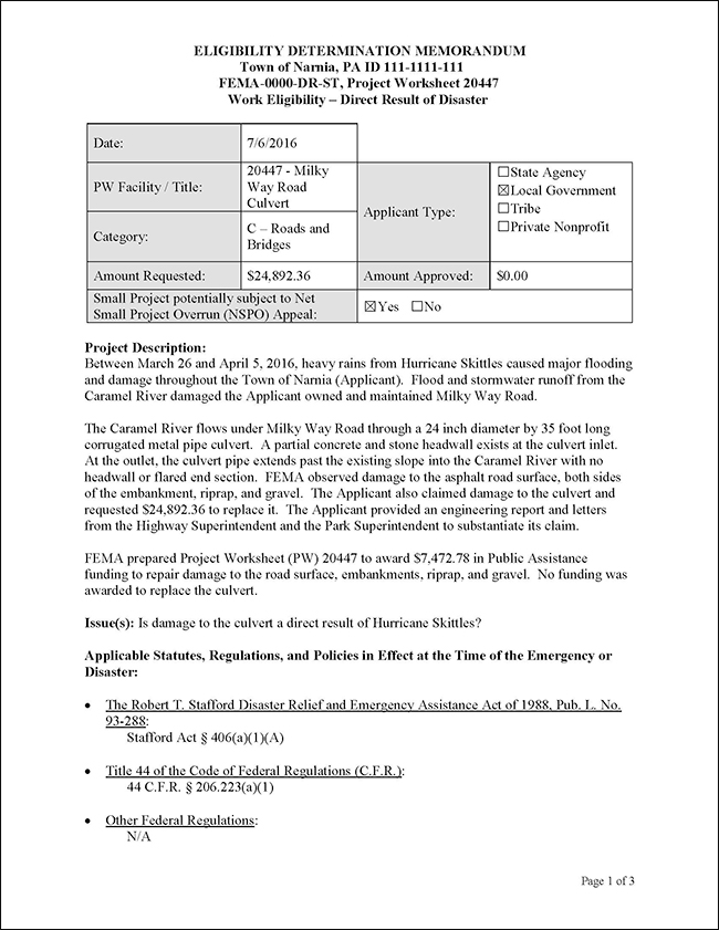 Page 1 of a sample Eligibility Determination Memorandum. Refer to Appendix 4-1 for a full description.