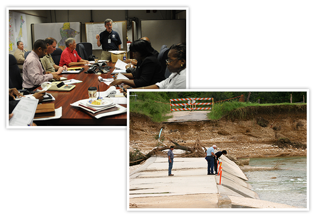 Public Assistance workers sitting around a table at a Recovery Scoping Meeting and public assistance workers inspecting damage by a river.