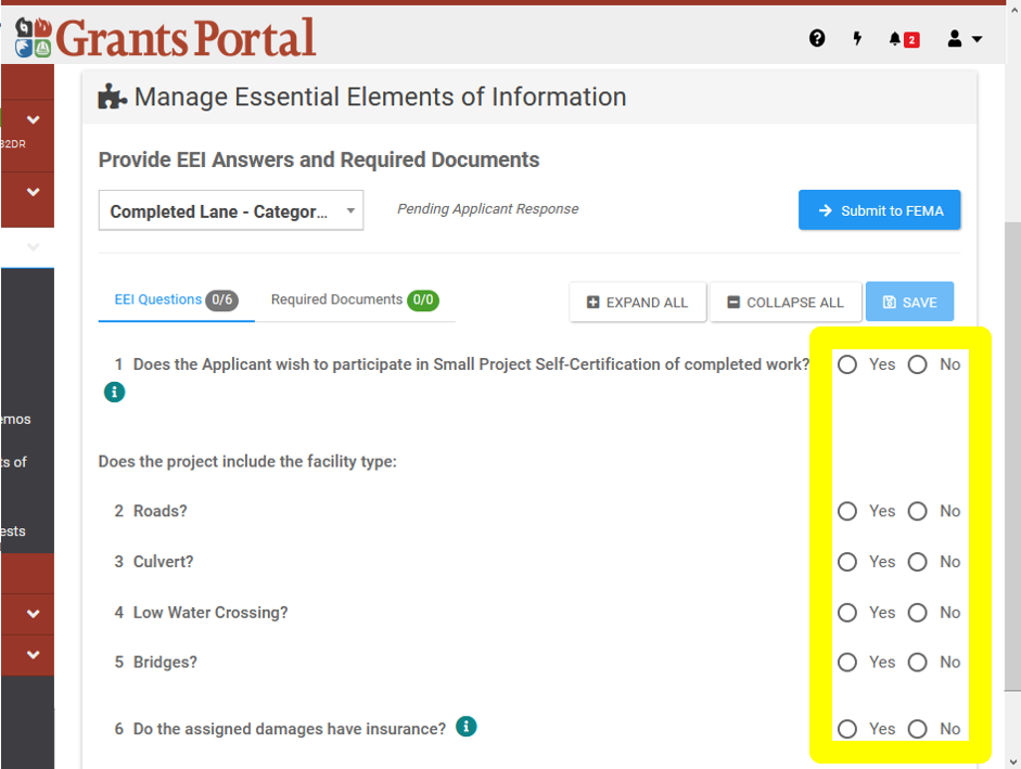 Grants Portal manage essential elements of information questions 1-6 answers highlighted