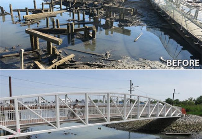 Before and after of a bridge being damaged by Hurricane Sandy and then repaired.