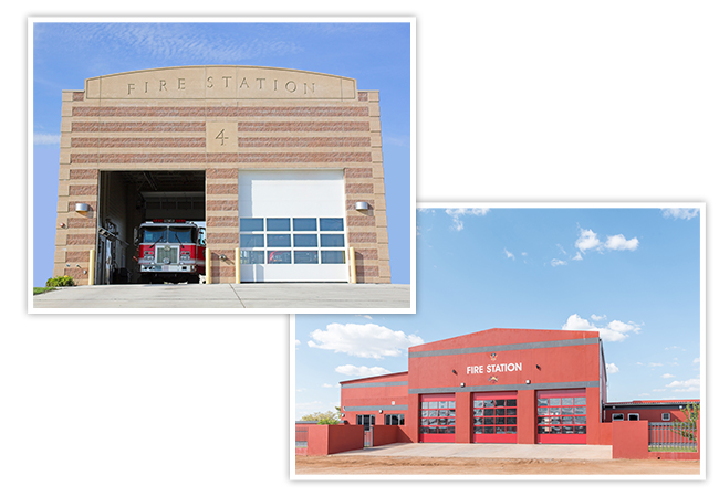 A 2 bay fire house next to a 3 bay fire house.