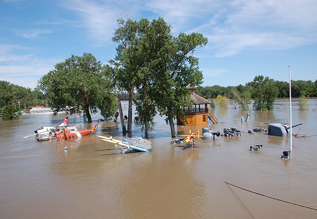 A flooded Naval Museum by the Missouri River