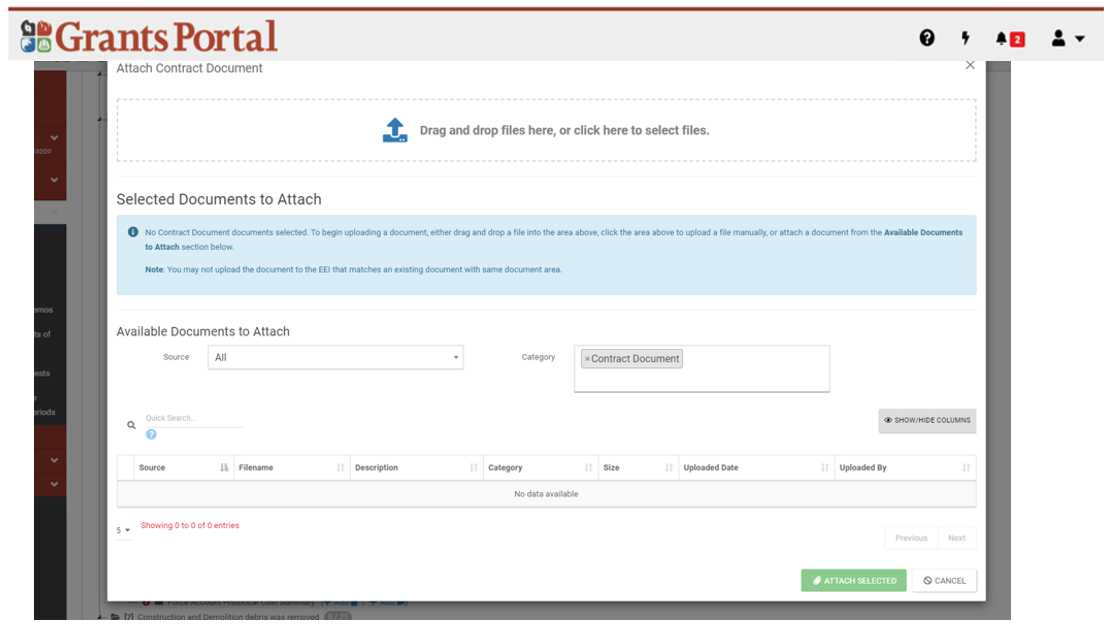 PA Grants Portal: Document Upload (3of5) Attach Contract Document pop-up. Please refer to appendix 3-3.