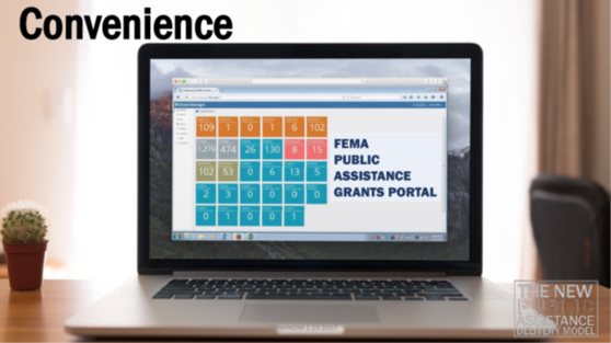 The word Convenience over a laptop on a desk. Screen reads: "FEMA Public Assistance Grants Portal"