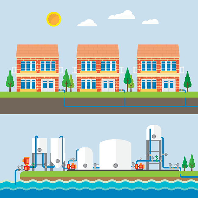 Illustration of homes, water treatment plant and water supply