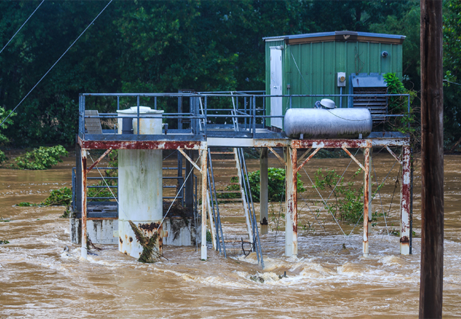 A Water Treatment facility is surrounded by flood waters