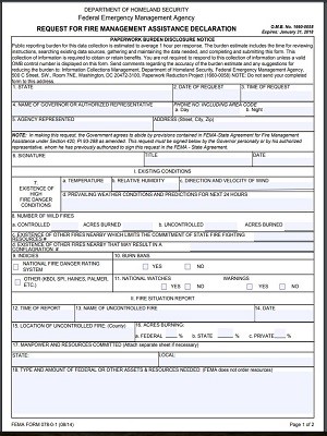 The first page of the Request for Fire Management Assistance Declaration form.