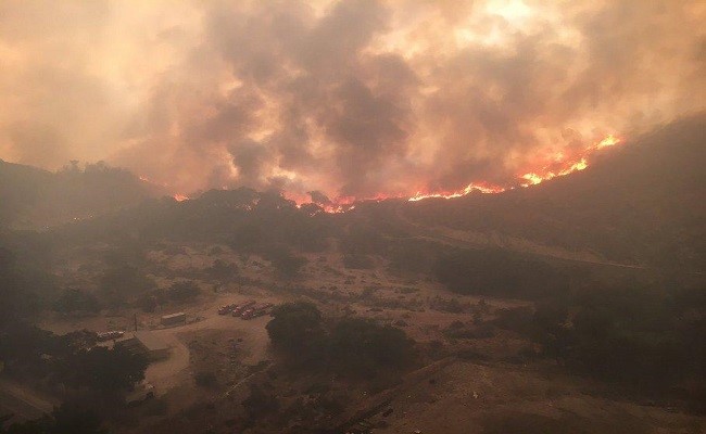 A photo taken from a Firehawk helicopter flown by Los Angeles County firefighters over the Sand Fire. The Sand Fire burned in the Angeles National Forest, not far from the city of Los Angeles.