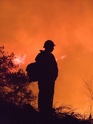 A firefighter silhouette pauses to look at wall of fire.