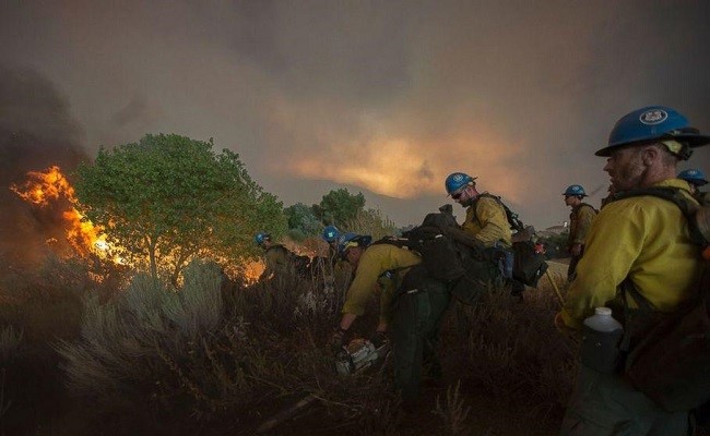 Firefighters battle the Sand Fire as it rages on in the Angeles National Forest outside Los Angeles, California.