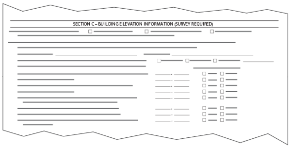 A graphic of a form entitled Elevation Certificate. The form is torn at the top and bottom. The header is labeled Section C-Building Elevation Information (Survey Required). Lines depicting text is used to show that the form will be completed