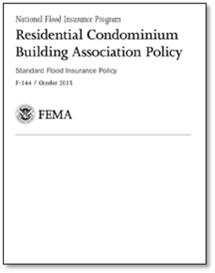 The Cover of the National flood Insurance Programs Residential Condominium Building Association Policy, Standard Flood Insurance Policy, F-144/ 0ctober 2015.